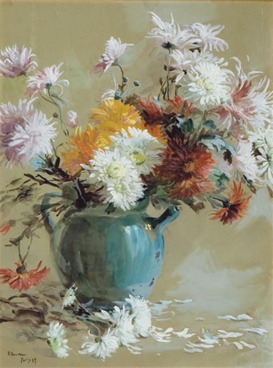 Appraisal: NOURSE ELIZABETH American - Mums in a Teapot watercolor and