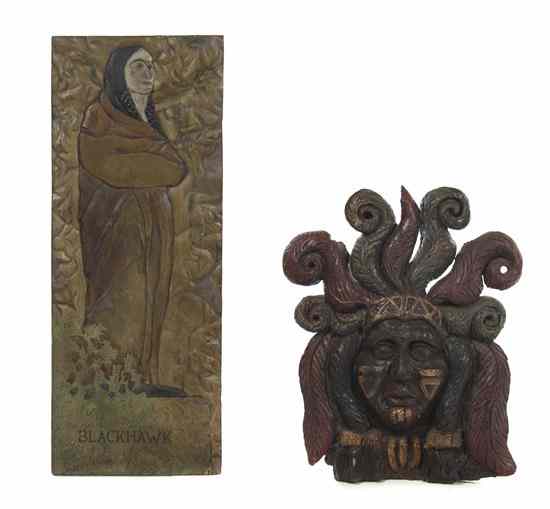 Appraisal: A Folk Art Carved Wood Panel depicting a robed Native