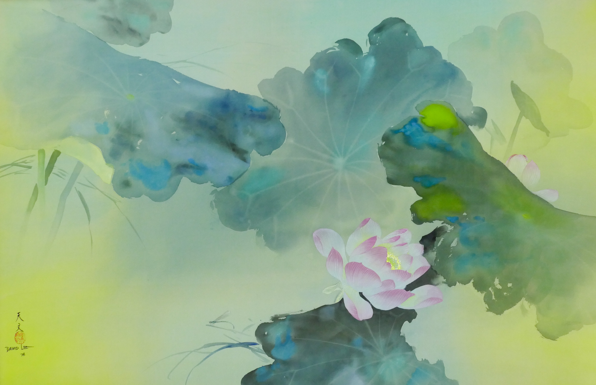 Appraisal: David Lee b Hawaii ''Lotus Blossoms'' Watercolor on Silk over