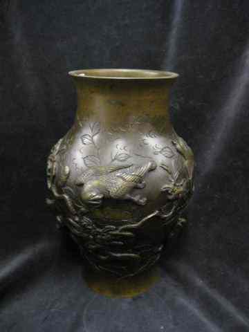 Appraisal: Sentoku Bronze Vase baluster form elaborate raised bird foliage signed