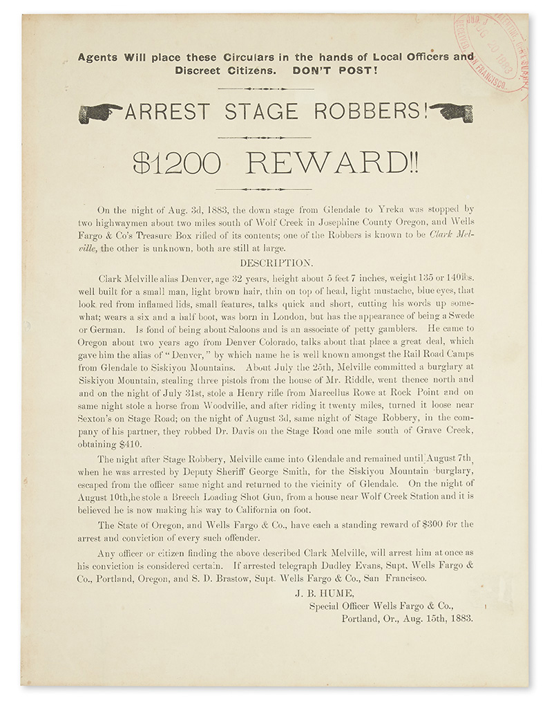 Appraisal: CRIME A confidential Wells Fargo reward poster along with an