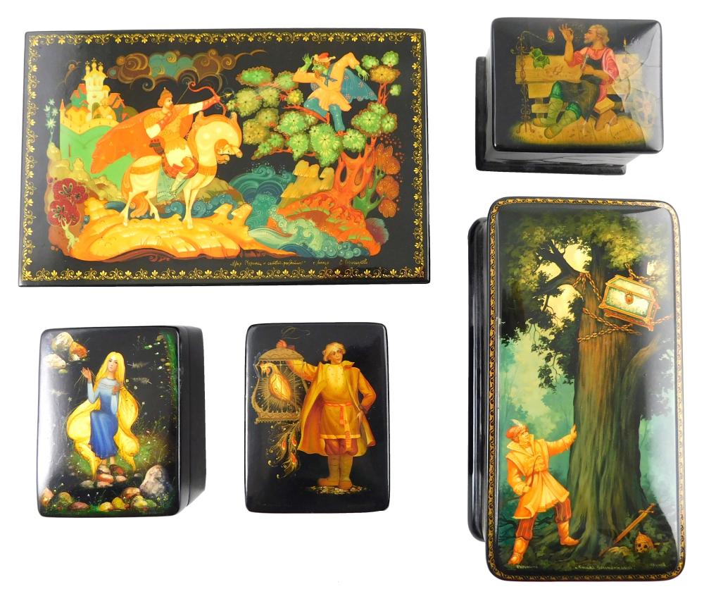 Appraisal: Russian hand-painted lacquer boxes group of five fairy-tale themed all