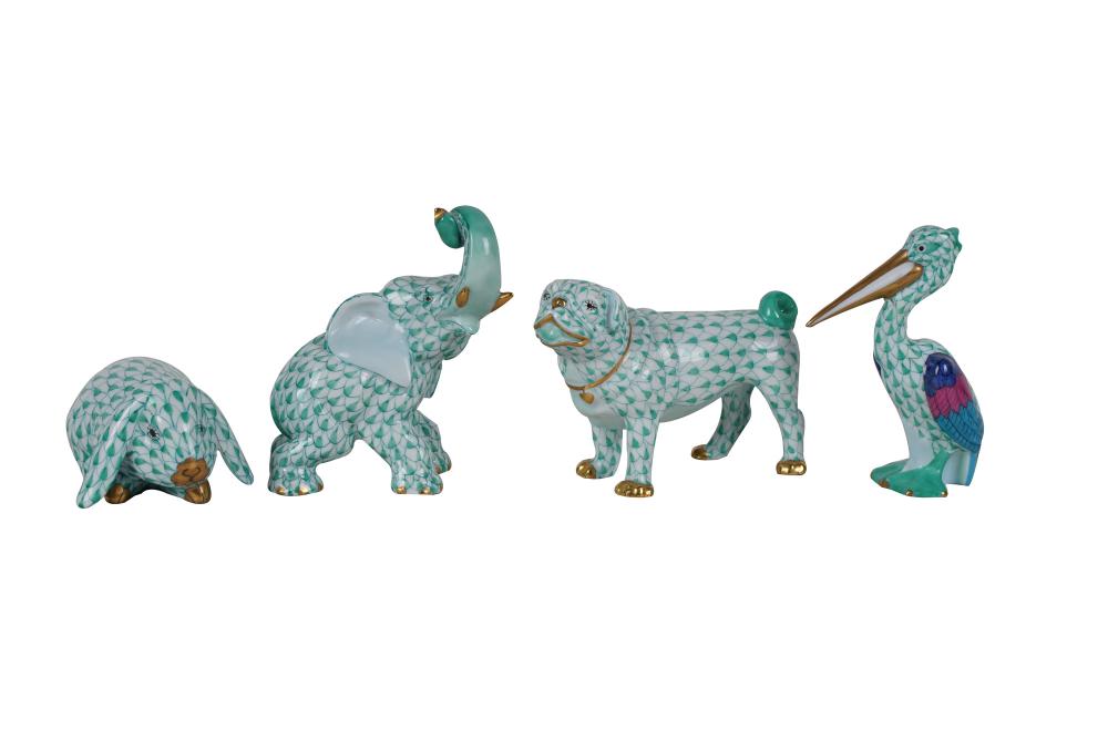 Appraisal: FOUR HEREND GREEN FISHNET ANIMALScomprising pug dog pelican elephant and