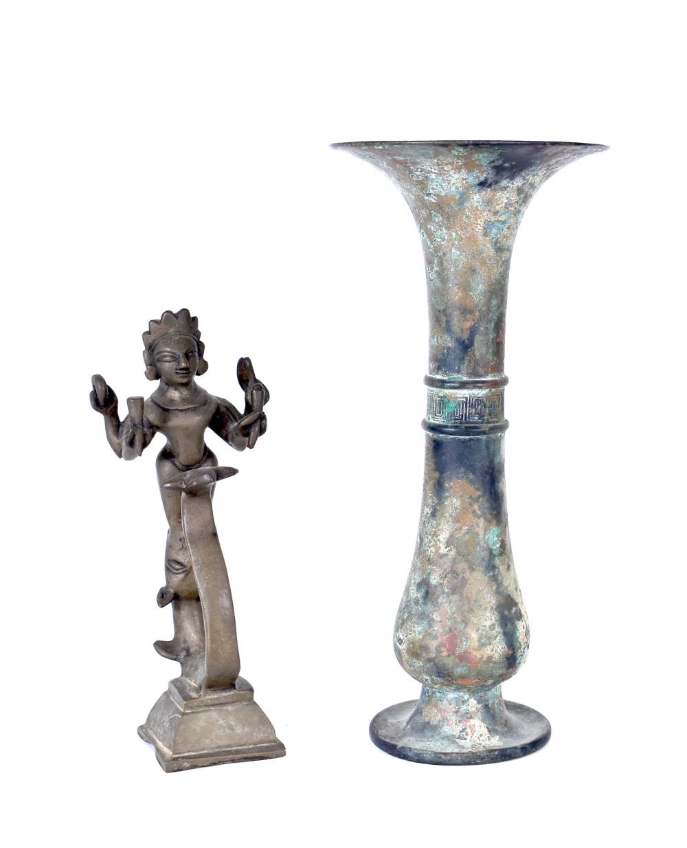 Appraisal: CHINESE ARCHAIC STYLE PATINATED BRONZE VASETogether with a Hindu multi-armed