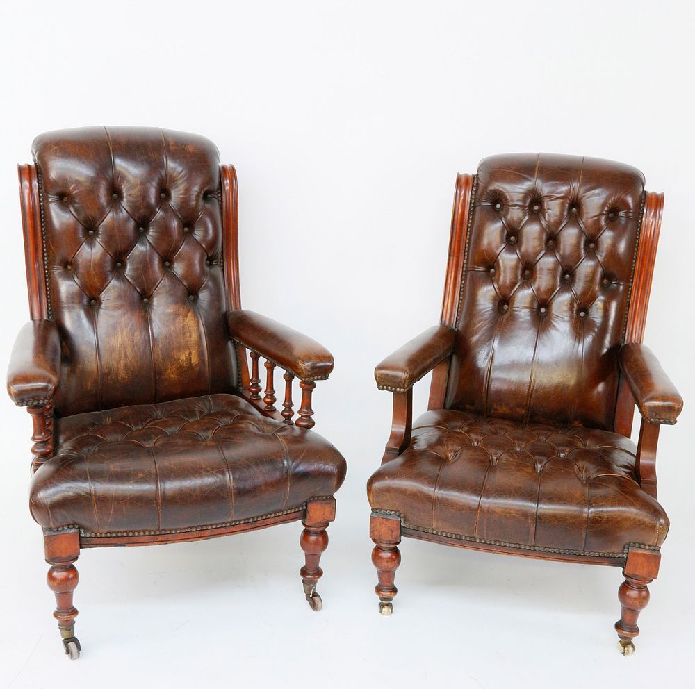 Appraisal: Pair of Mahogany and Tufted Leather Mr and Mrs Armchairs