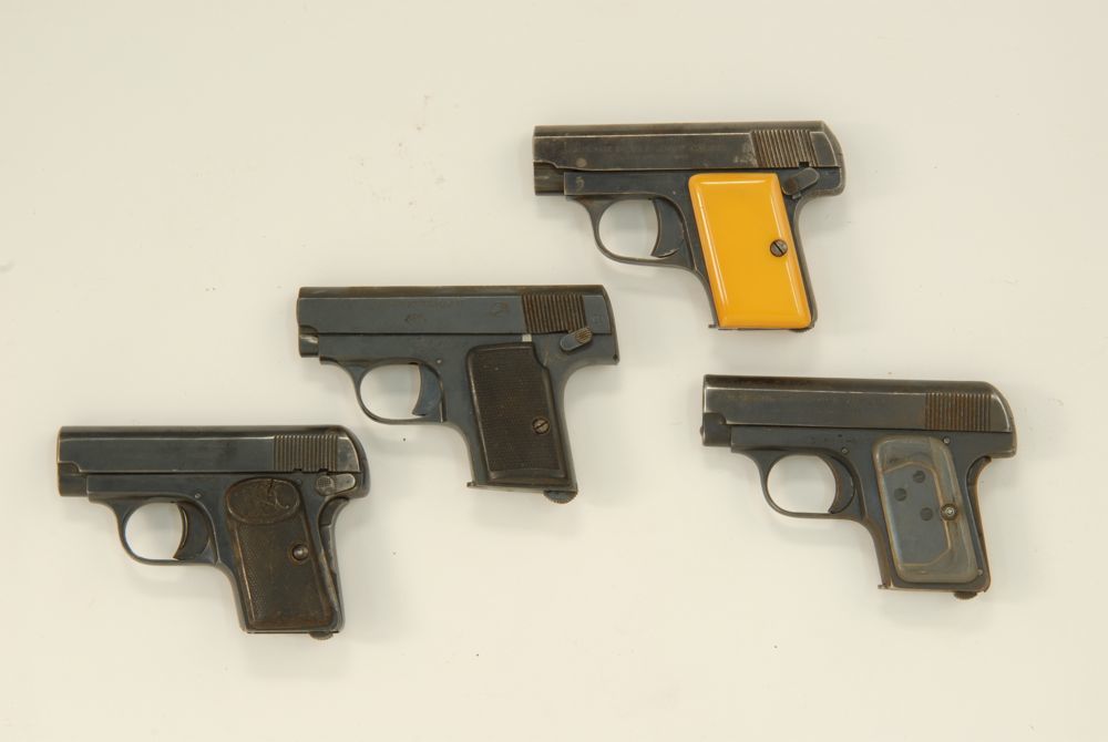 Appraisal: FOUR SMALL SEMIAUTOMATIC PISTOLS Duo pistol mm Serial Bakelite-style grips