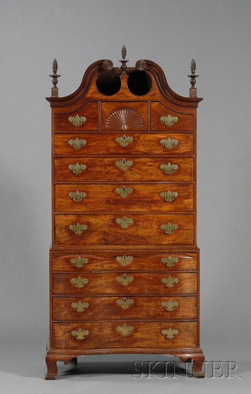 Appraisal: Chippendale Mahogany Carved Scroll-top Oxbow Chest-on-Chest Boston or Salem Massachusetts