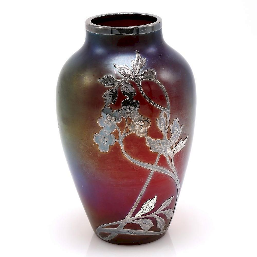 Appraisal: Iridescent Vase with Sterling Silver Floral Overlay Colorful iridescent vase