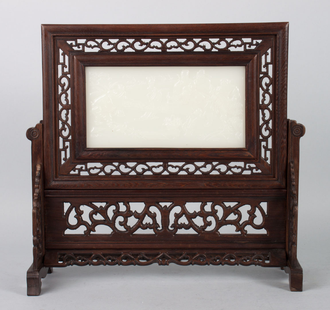 Appraisal: Chinese carved wood table screen with jade plaque inset mutton-fat