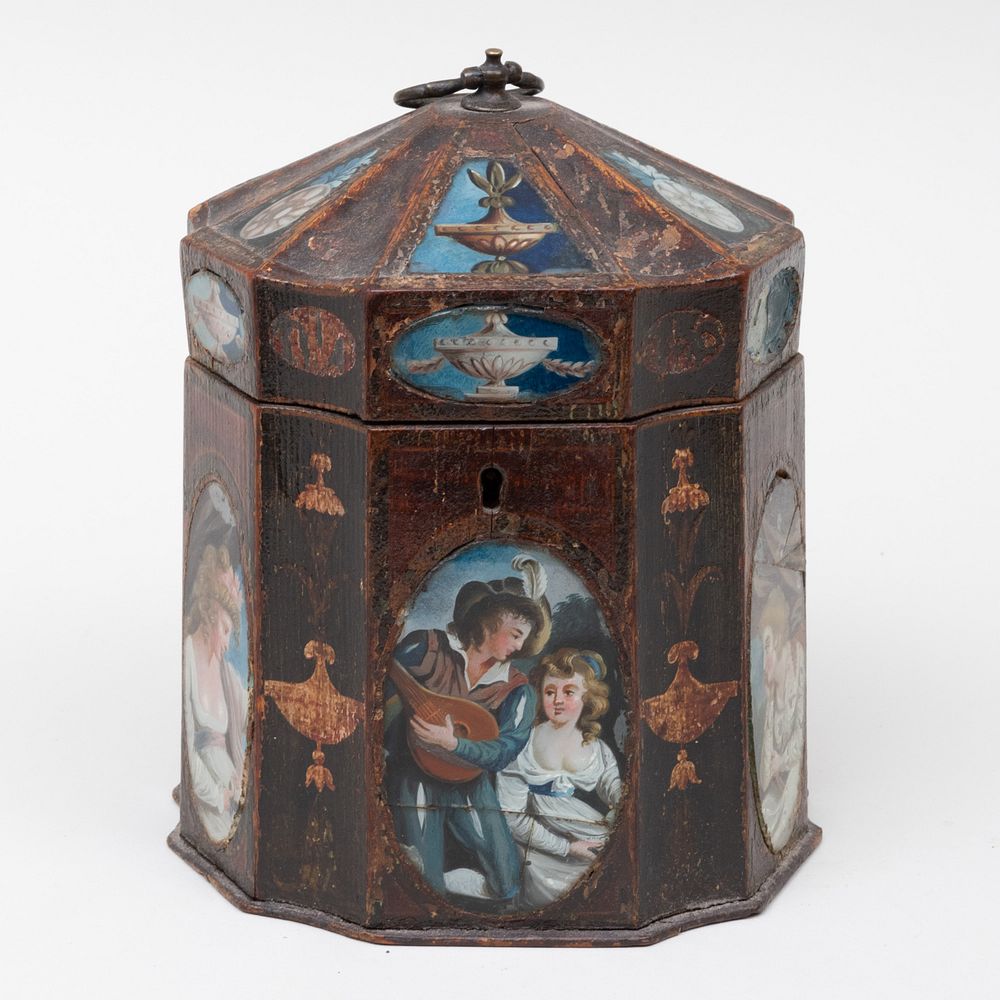 Appraisal: George III Painted Tea Caddy with Inlaid Reverse Glass Painted