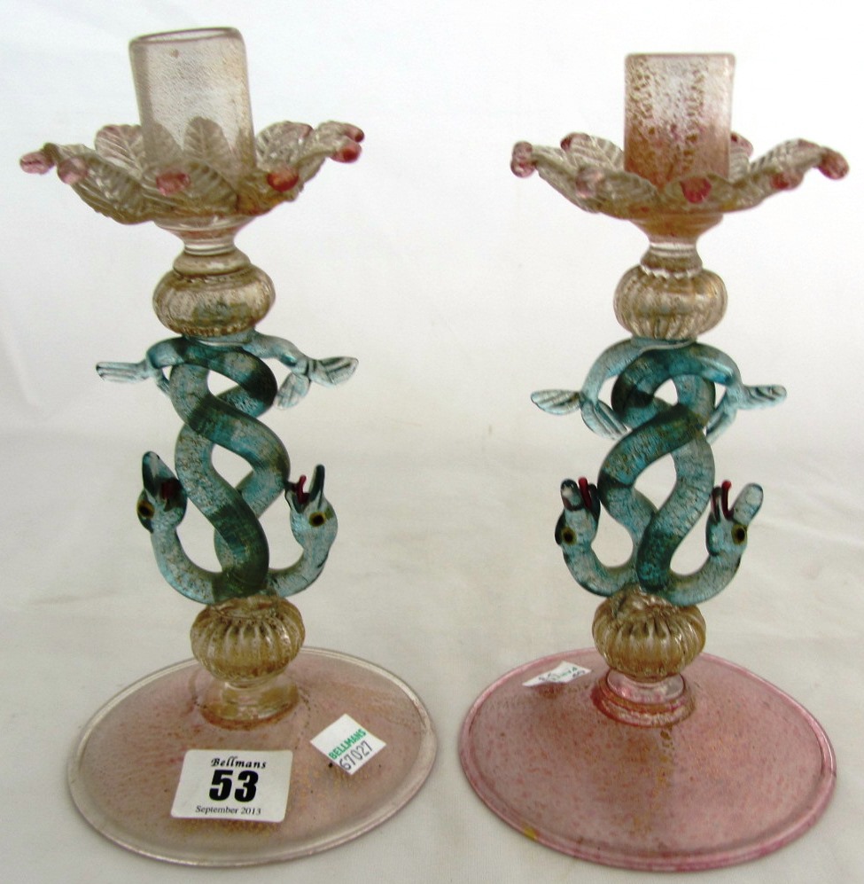 Appraisal: A pair of Salviati type glass candle sticks th century