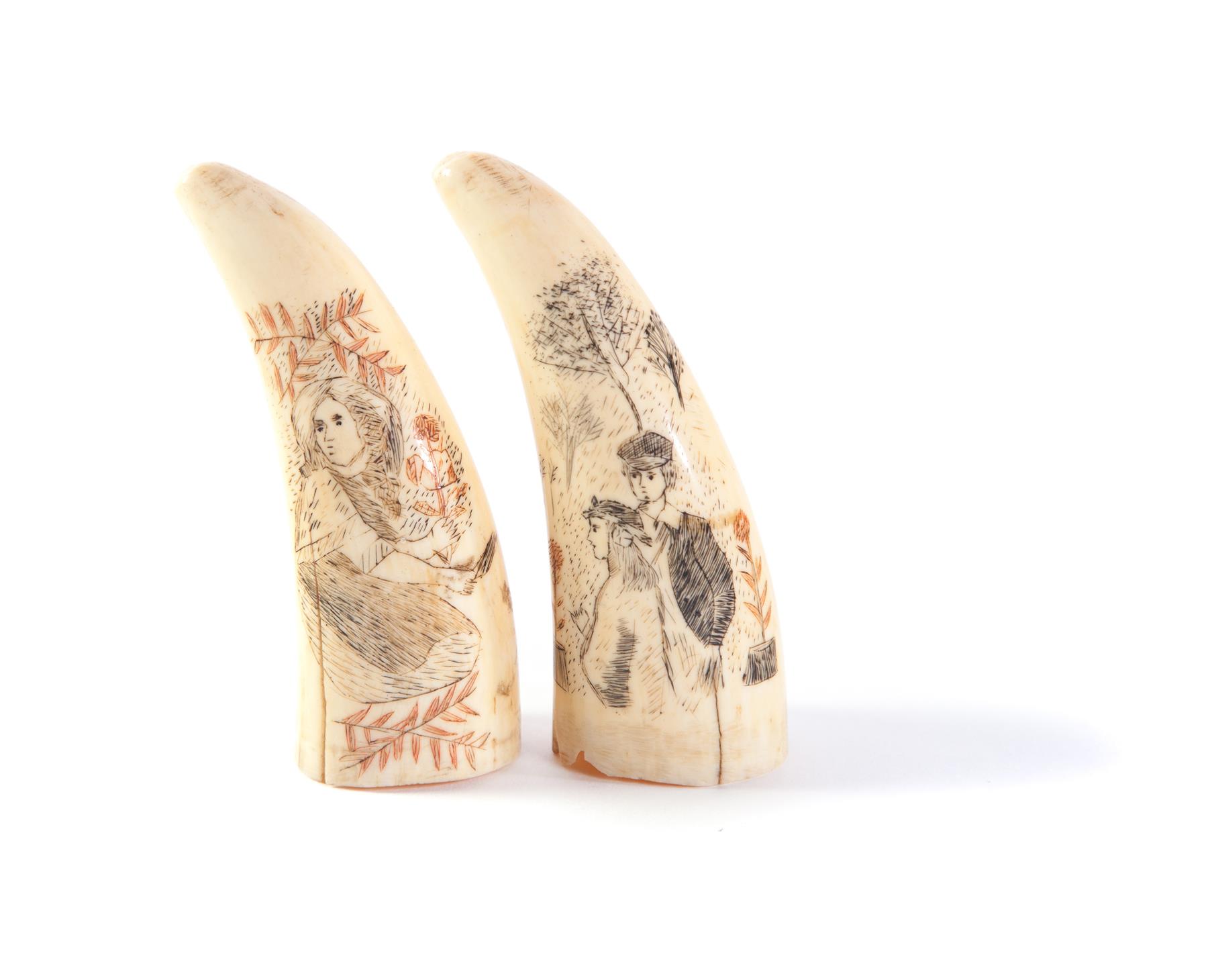 Appraisal: TWO SCRIMSHAW WHALE TEETH Mid th century Young woman with