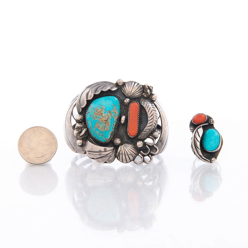 Appraisal: NATIVE AMERICAN TURQUOISE CORAL SILVER BRACELET RING Silver and turquoise