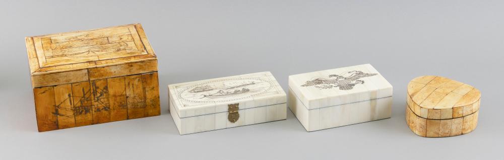 Appraisal: FOUR ENGRAVED BONE BOXES TH CENTURY HEIGHTS FROM TO WIDTHS