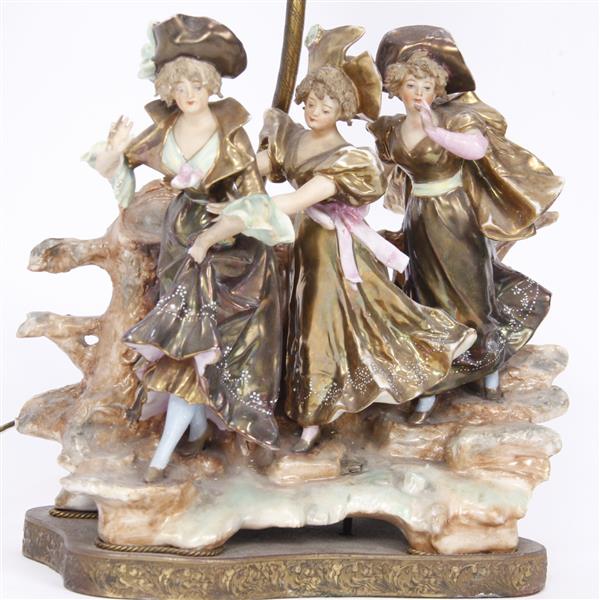 Appraisal: Porcelain figure group boudoir lamp comprised of three well dressed