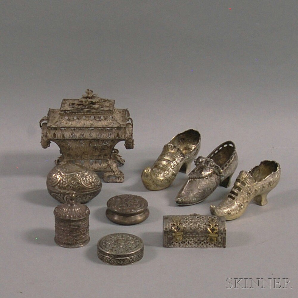 Appraisal: Nine Small Mostly Silver Containers and Decorative Shoes marks include