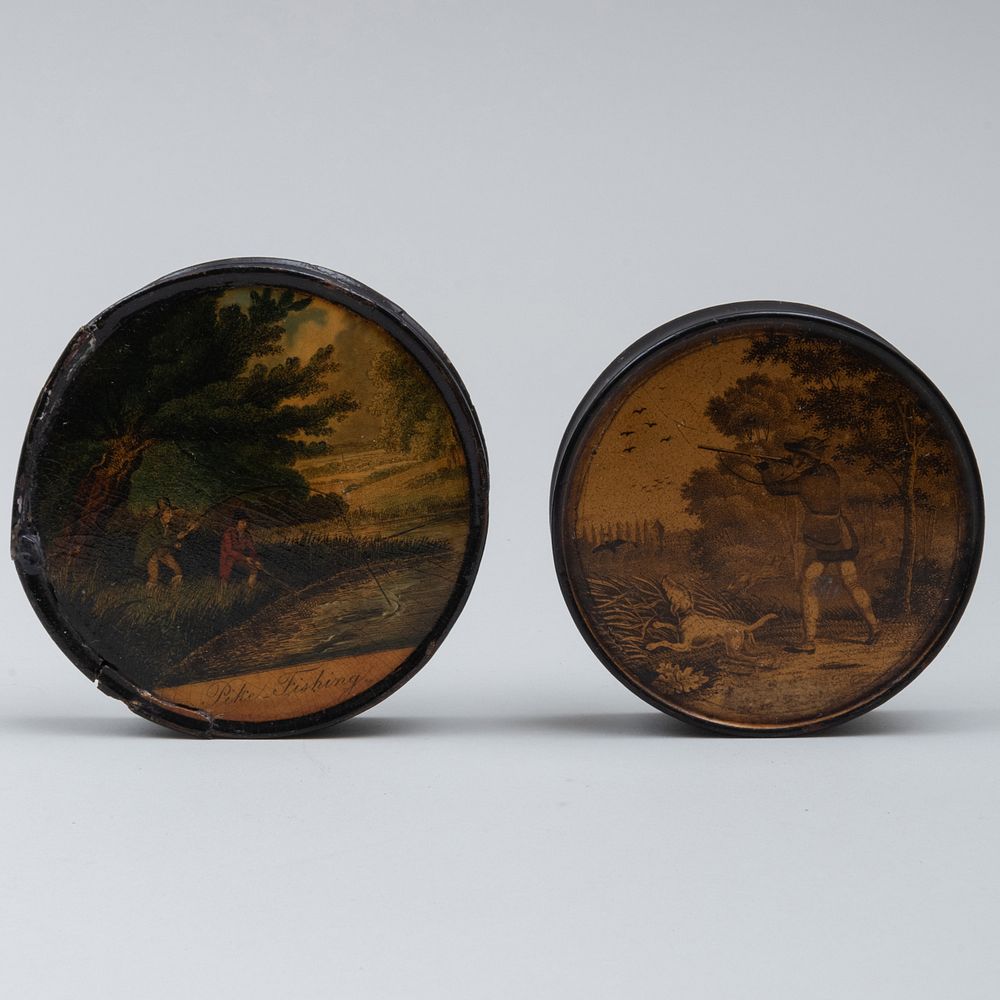 Appraisal: Two Lacquered Snuff Boxes with Sporting Scenes The first with