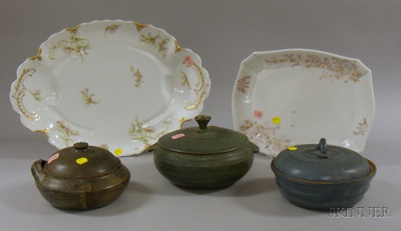 Appraisal: Two Transfer Decorated Porcelain Platters and Three Glazed Art Pottery