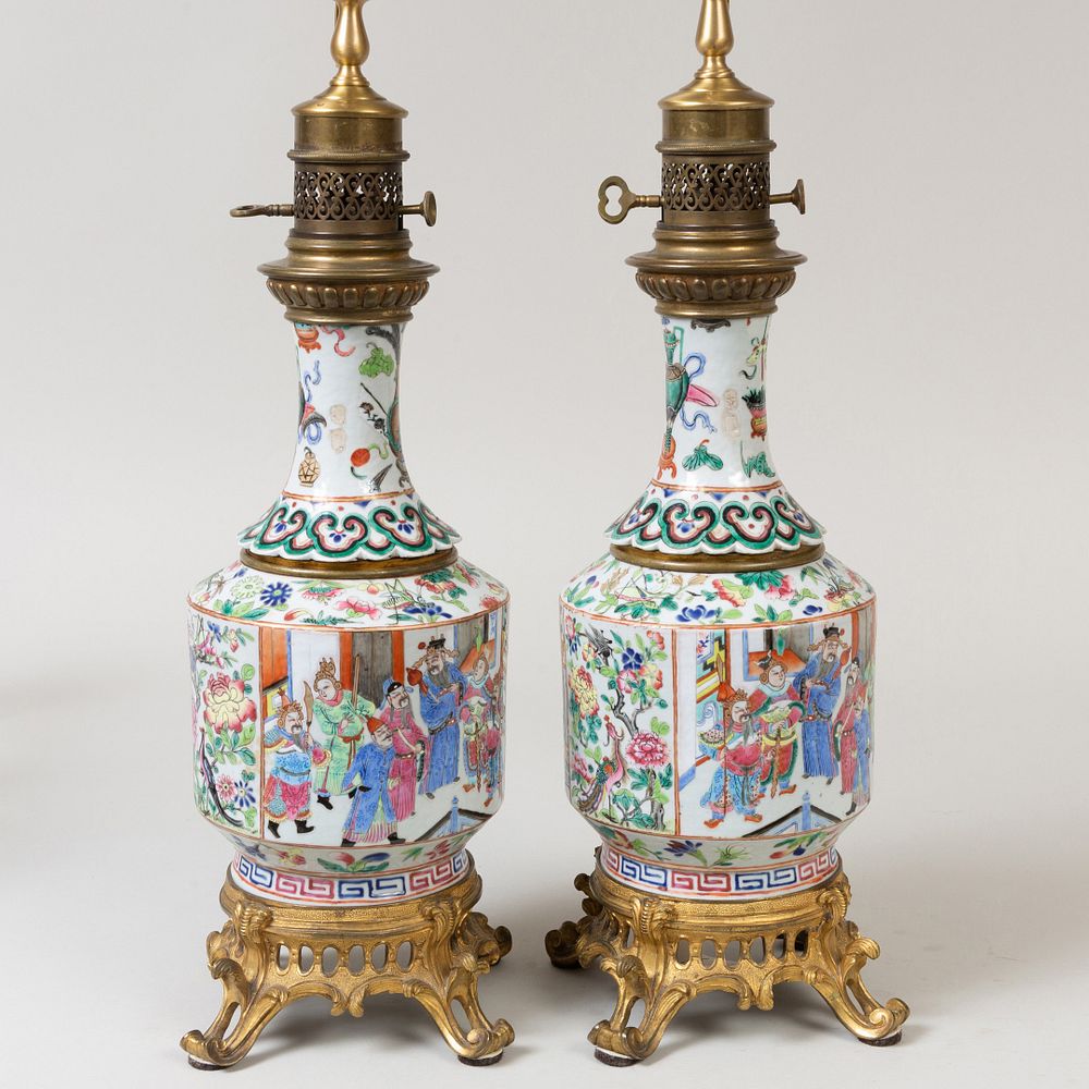 Appraisal: Pair of Gilt-Bronze-Mounted Chinese Export Porcelain Oil Lamps Now Electrified