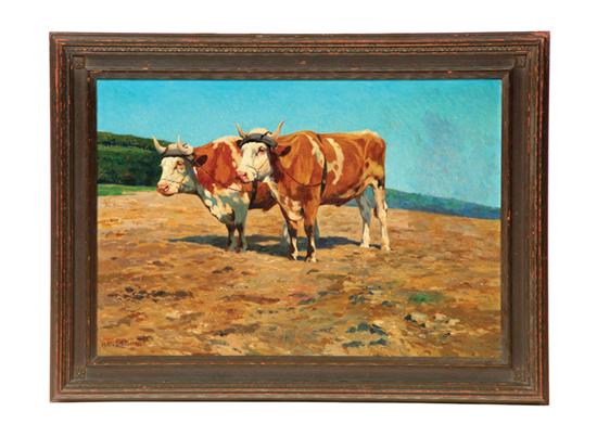 Appraisal: OIL ON BOARD Of Oxen in a field Artist signed