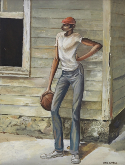 Appraisal: ERNIE BARNES - Untitled Youth with Basketball Oil on canvas