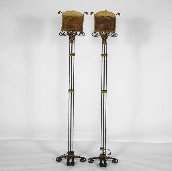 Appraisal: Pair wrought iron and bronze French Art Deco floor lamps