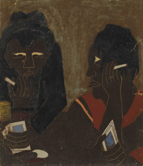 Appraisal: JACOB LAWRENCE - Untitled Two Card Players Gouache on brown