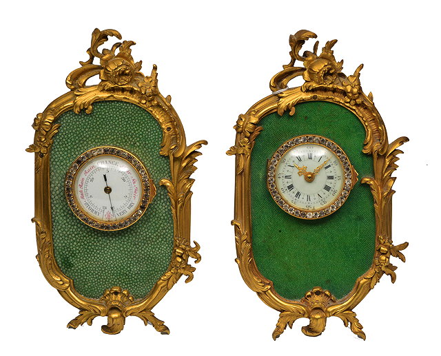 Appraisal: A MATCHING FRENCH ORMOLU AND SHAGREEN DESK STRUT CLOCK AND