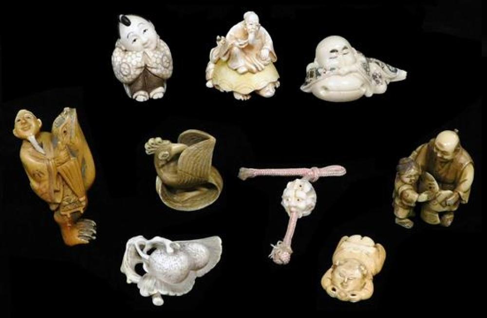 Appraisal: ASIAN Eight netsuke Japanese th- th C mostly ivory figural