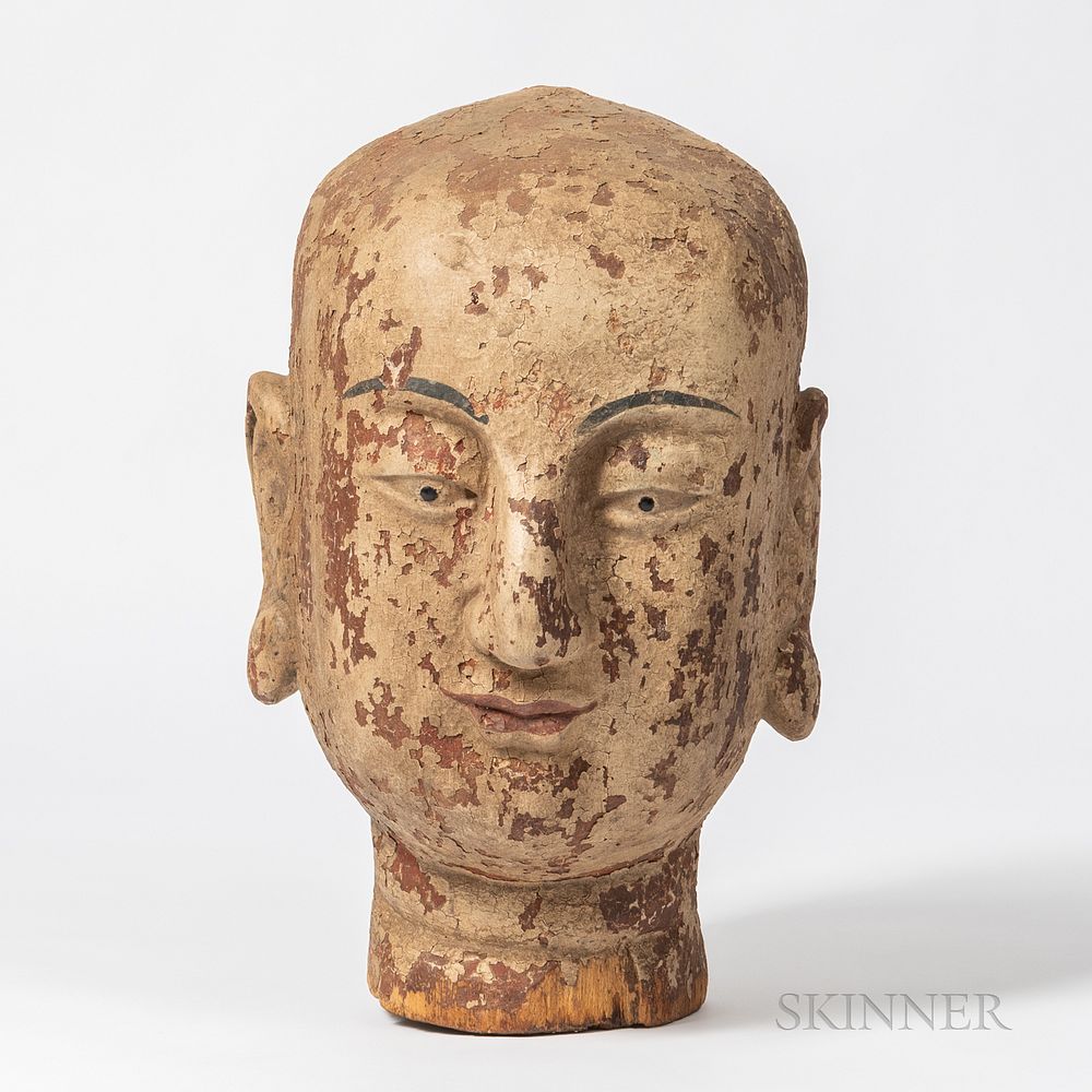 Appraisal: Large Polychrome Wood Head Large Polychrome Wood Head China Song