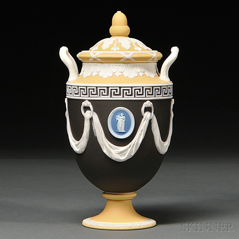 Appraisal: Wedgwood Four-color Jasper Dip Two-handled Vase and Cover England late