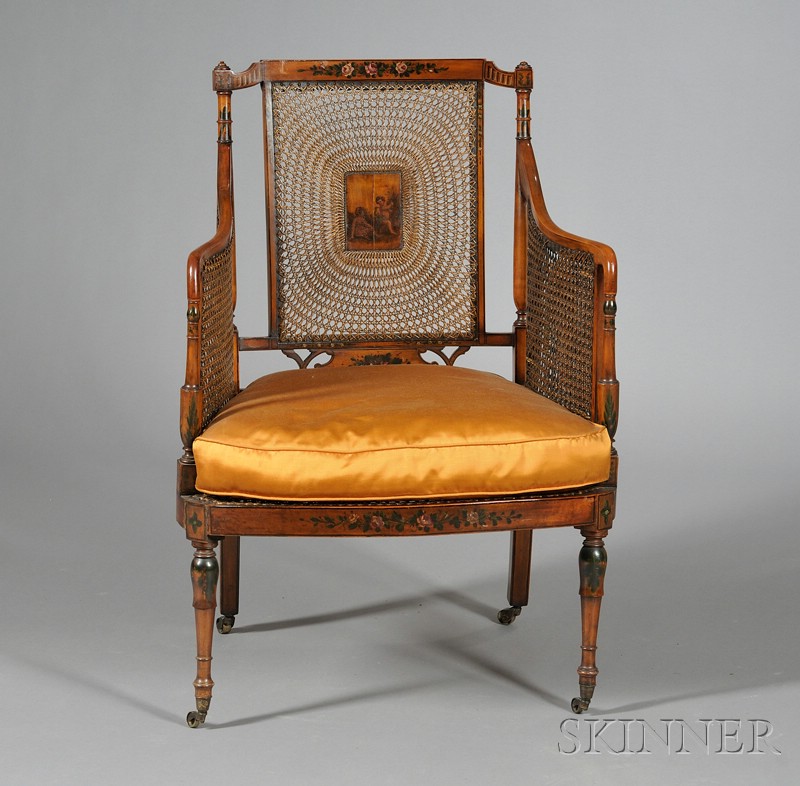 Appraisal: Edwardian Style Polychrome Painted and Caned Fruitwood Armchair with caned