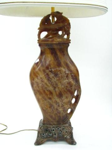 Appraisal: Carved Brown Soapstone Table Lamp with tree and bird carvings