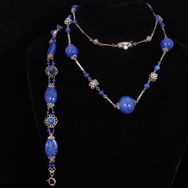 Appraisal: Art Deco Silver and Lapis Glass Beaded Necklace Bracelet