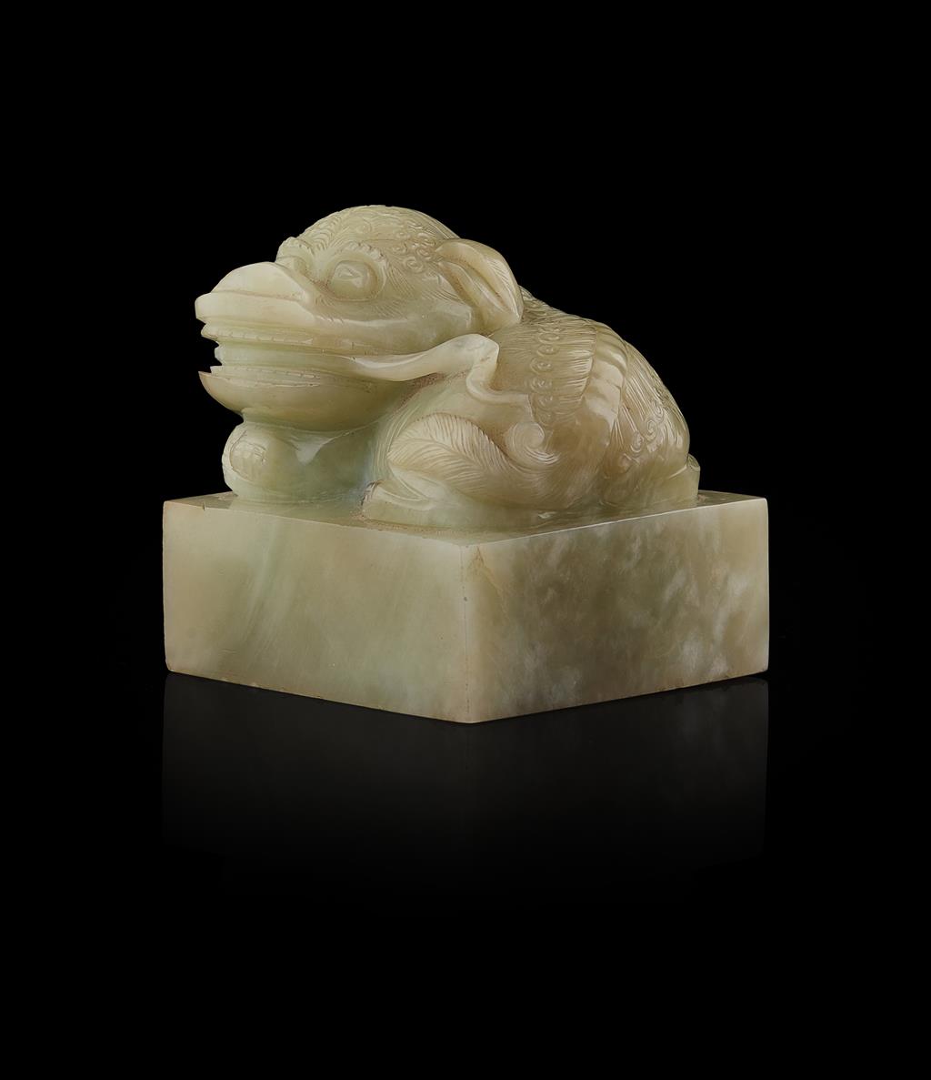 Appraisal: CARVED CELADON JADE 'BUDDHIST LION' SEAL QING DYNASTY carved with