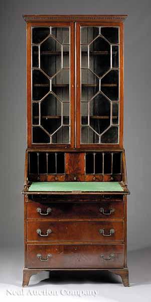 Appraisal: An Antique George III-Style Mahogany Bureau Bookcase c dentil molded