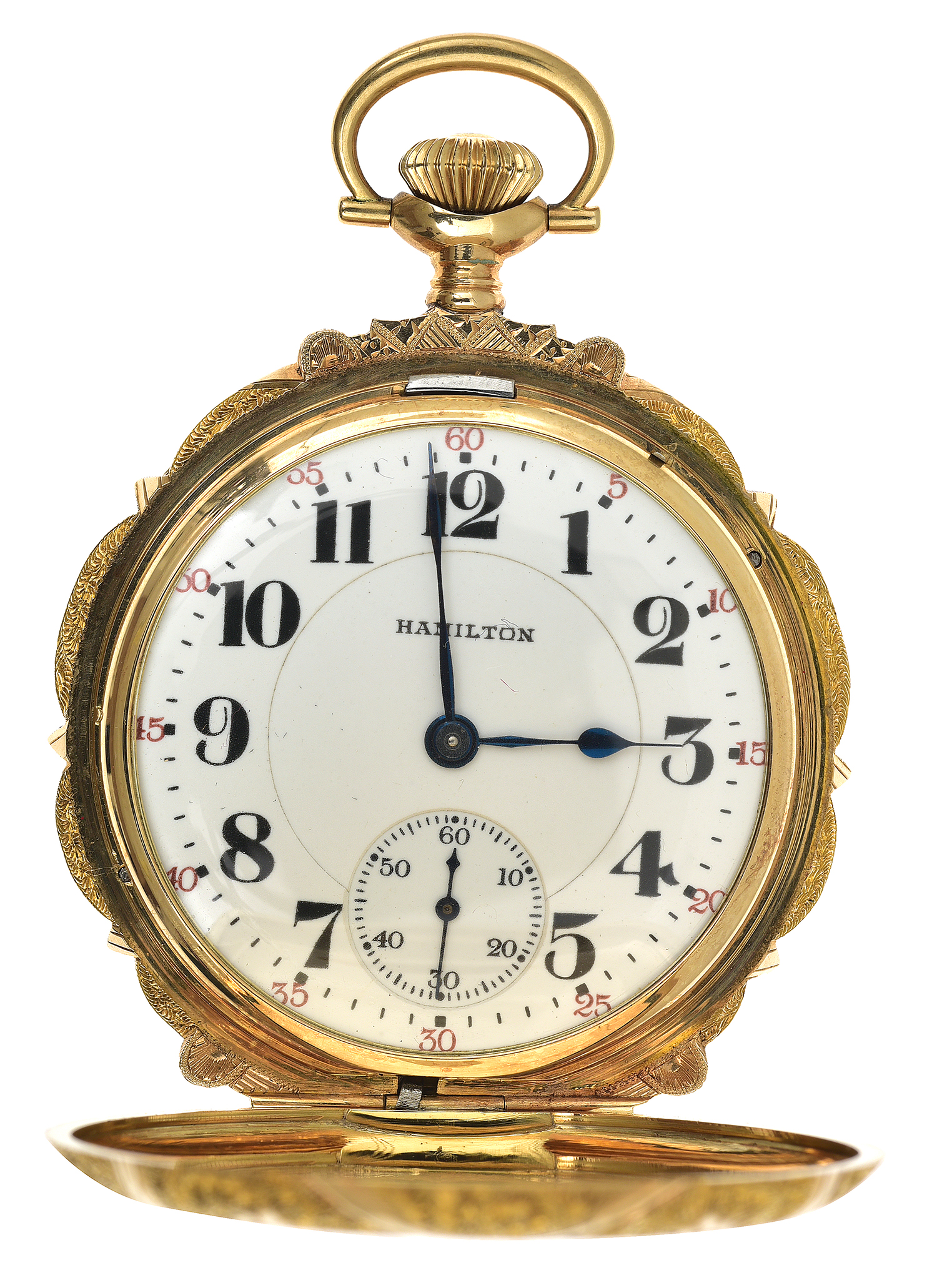 Appraisal: A HAMILTON GOLD HUNTER POCKET WATCH Crown wind lever set