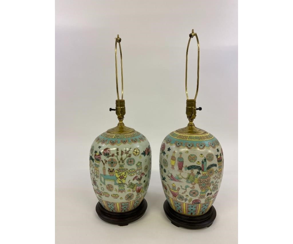 Appraisal: Pair of Chinese Style porcelain jar lamps on wood bases