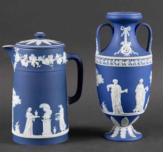 Appraisal: Wedgwood blue and white jasperware vase and similar chocolate pot