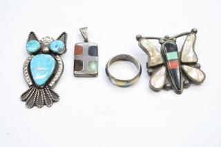 Appraisal: Zuni Tribal Silver Stone Jewelry Articles Comprising a ring brooches