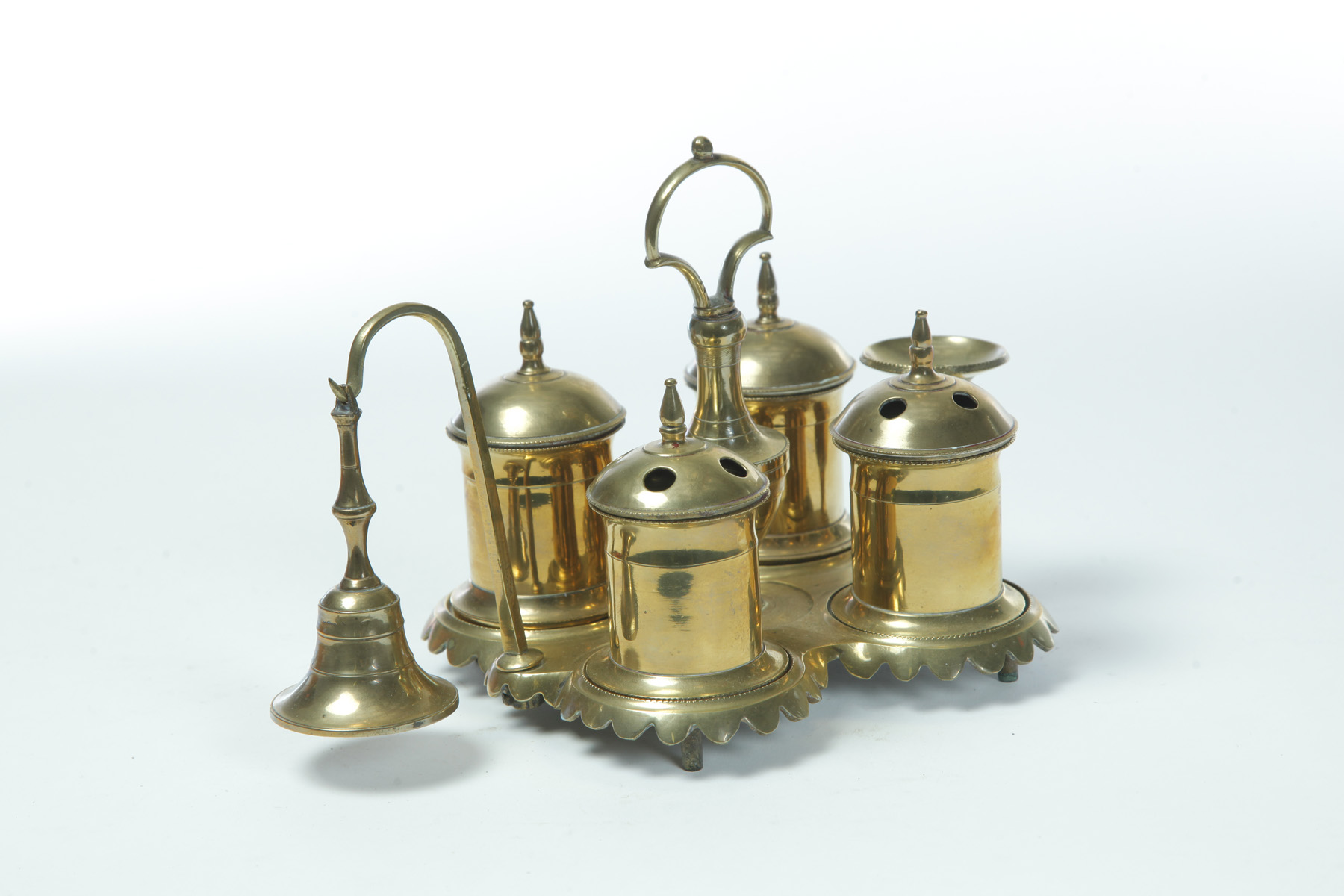 Appraisal: SPANISH BRASS STANDISH DESK SET Late th century Scalloped base