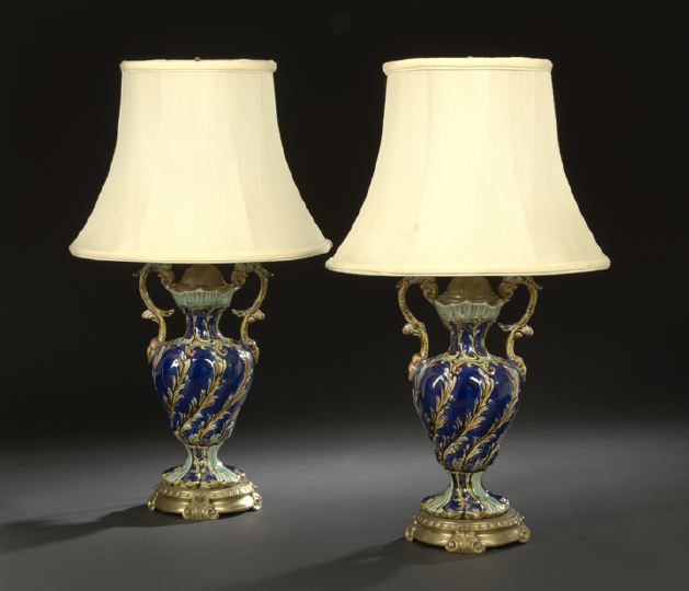 Appraisal: Attractive Pair of French Majolica Two-Handled Garniture Vases attributed to