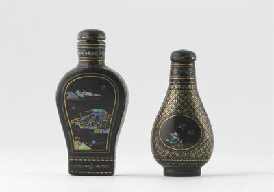 Appraisal: Two lacque burgaut snuff bottles with panels containing flowers butterflies