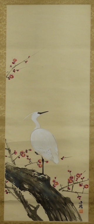 Appraisal: JAPANESE SCROLL PAINTING OF EGRET CRANE BLOSSOMS Japan th CenturyDepicting