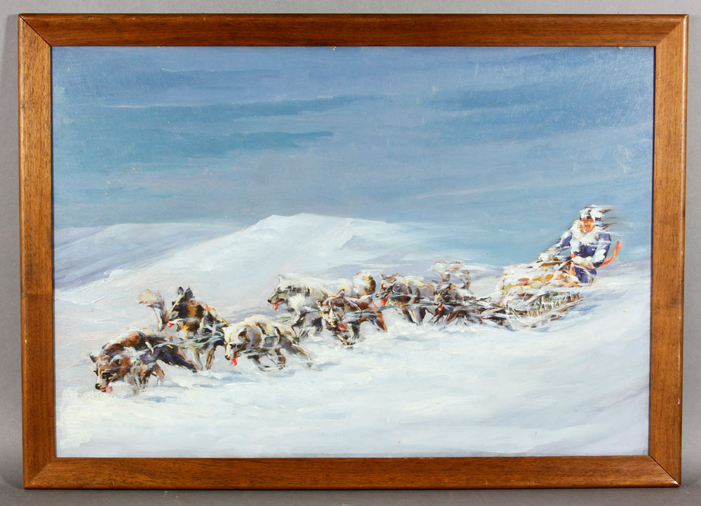 Appraisal: - Dog Sledding Scene O B Dog sledding scene oil