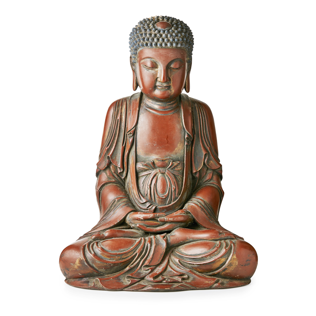 Appraisal: LARGE LACQUERED AND PAINTED BUDDHA seated in dhyanasana the hands