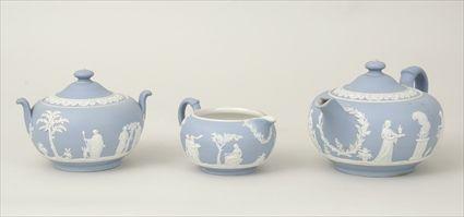 Appraisal: Wedgwood Blue Jasperware Three-Piece Tea Service Comprising teapot sugar bowl