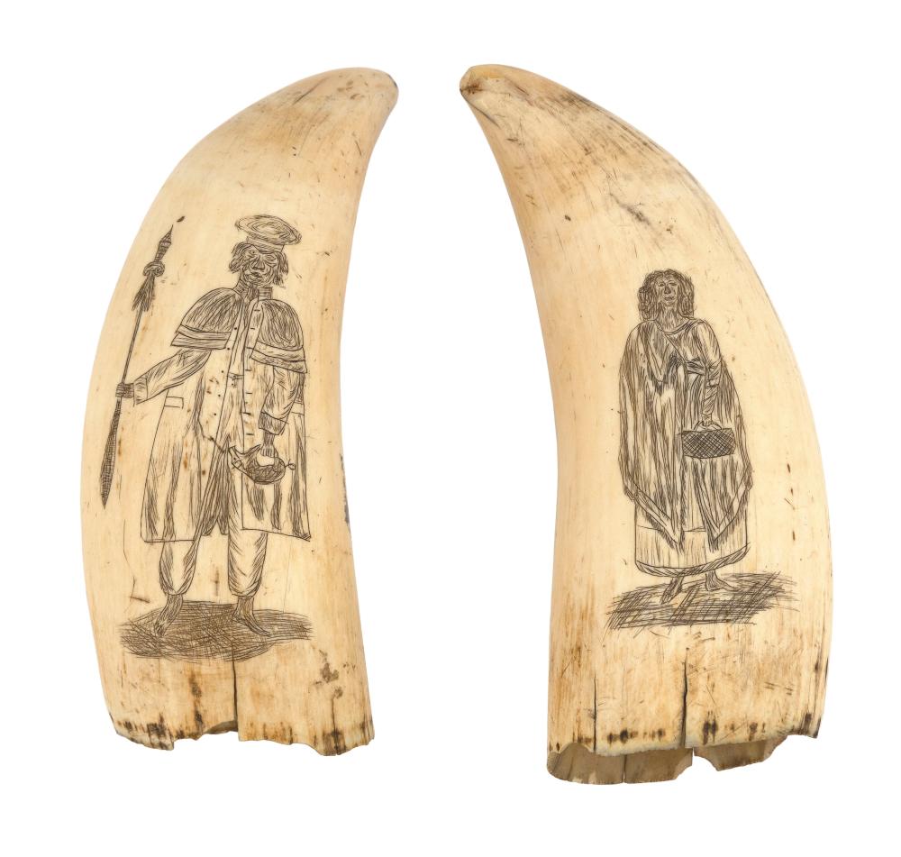 Appraisal: PAIR OF SCRIMSHAW WHALE'S TEETH DEPICTING SOUTH SEAS FIGURES TH