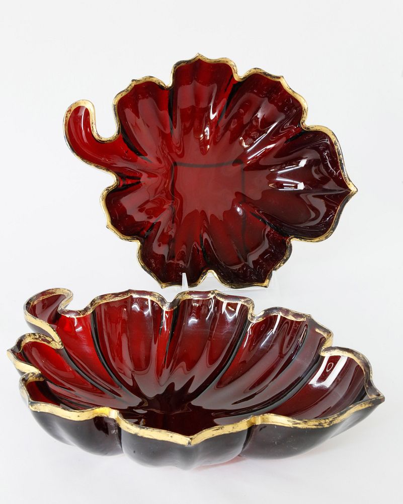 Appraisal: Pair of Continental Ruby and Gilt Glass Deep Leaf Dishes