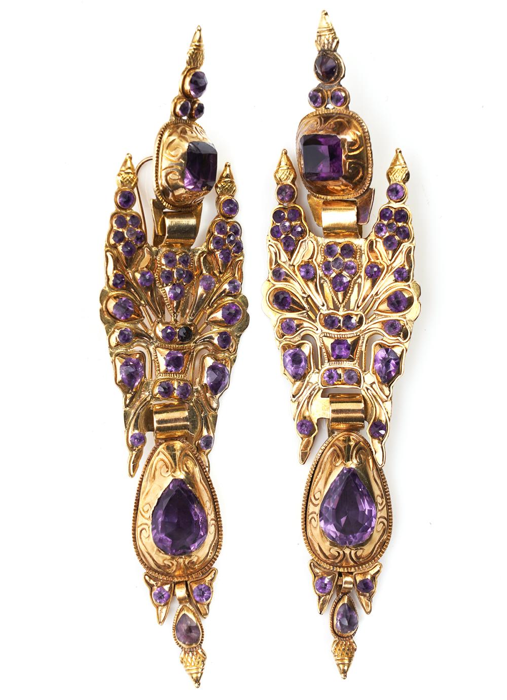 Appraisal: ANTIQUE IBERIAN AMETHYST K YG DROP EARRINGSAntique Iberian amethyst and